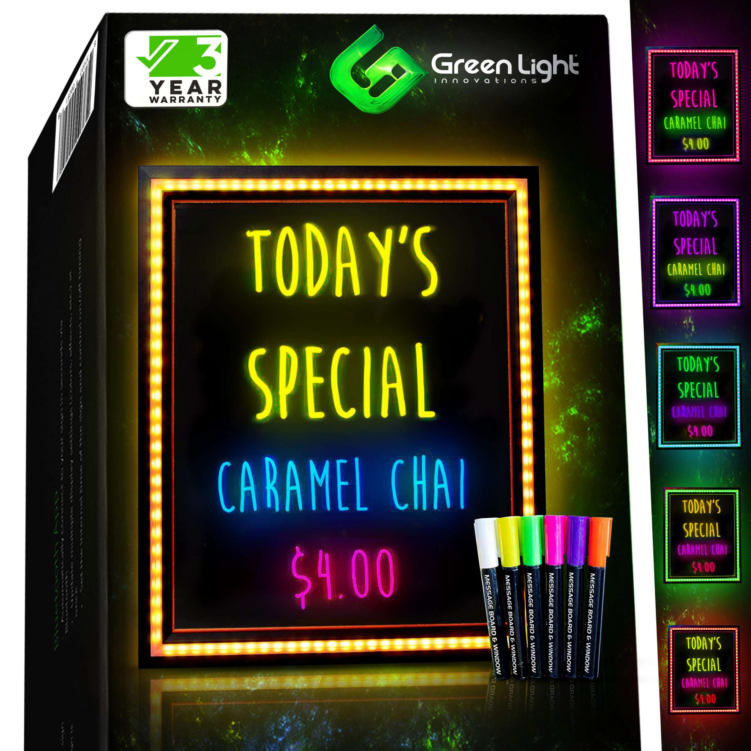 LED Message Board with Markers – Instant Impact for Your Daily Specials and  Notices – 8 Border Colors with 6 x Neon-Dry-Erase Pens, Stand and Hanging  Chains – Long Warranty and Dedicated
